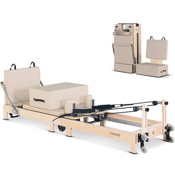 Lifespan Fitness Contour Folding Wooden Pilates Reformer Machine Set (Beige)