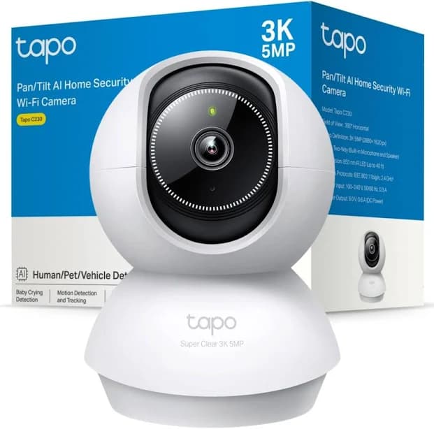 Tapo TP-Link Pan/Tilt AI Home Security Camera, 3K, 5MP, 360°, Free AI Motion Tracking, Two-Way Audio, Voice Control, Night Vision, Baby Monitor, Person Pet Detection and Notifications (Tapo C230)