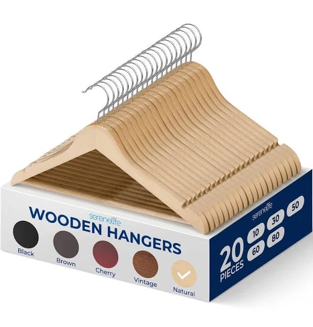 SereneLife 20 Pcs Wooden Hangers, Heavy Duty Durable Clothes Hangers, Lightweight Space Saving Coat Hangers with 360° Swivel Metal Hook, 10 Lbs Capacity