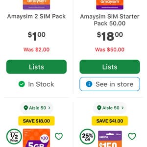 amaysim Prepaid Mobile Starter Packs: SIM Only for $1, $30 for $12, $50 for $18, $150 for $109 In-store Only @ Woolworths