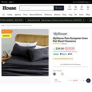MyHouse Pure European Linen Flat Sheet $31.2 + Shipping @ House