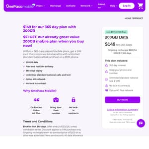 OnePass Mobile 365-Day 200GB Prepaid SIM Plan $149 Delivered @ OnePass Mobile