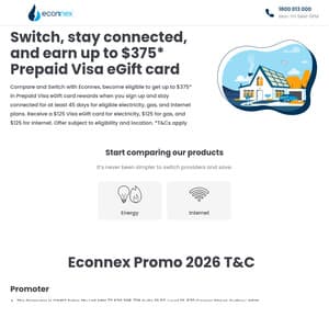 Switch & Stay 45 Days for Bonus Prepaid Visa eGift Card: Electricity $125, Gas $125, Internet $125 @ Econnex (Excl NT, Ergon Q)