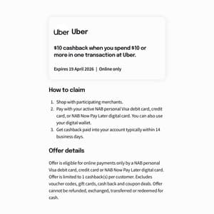 Spend $10 or More at Uber, Get $10 Cash Back @ NAB Goodies