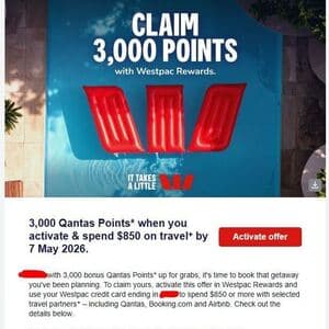 Activate & Spend $850 with Westpac Credit Card on Select Travel Partners for 3,000 Qantas Points @ Westpac