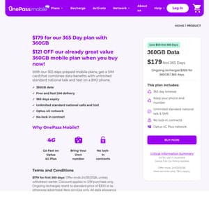 OnePass Mobile 365-Day 360GB Prepaid Mobile Plan $179 Delivered (New Services Only) @ OnePass Mobile
