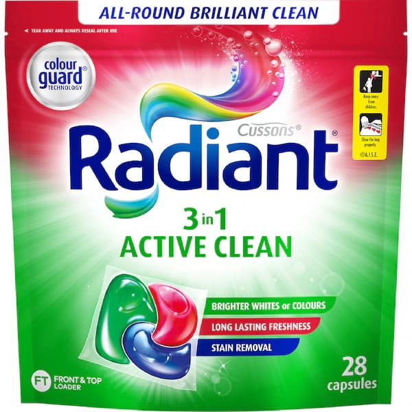 Radiant Active Clean Liquid Laundry Capsules Detergent Washing 28 pack